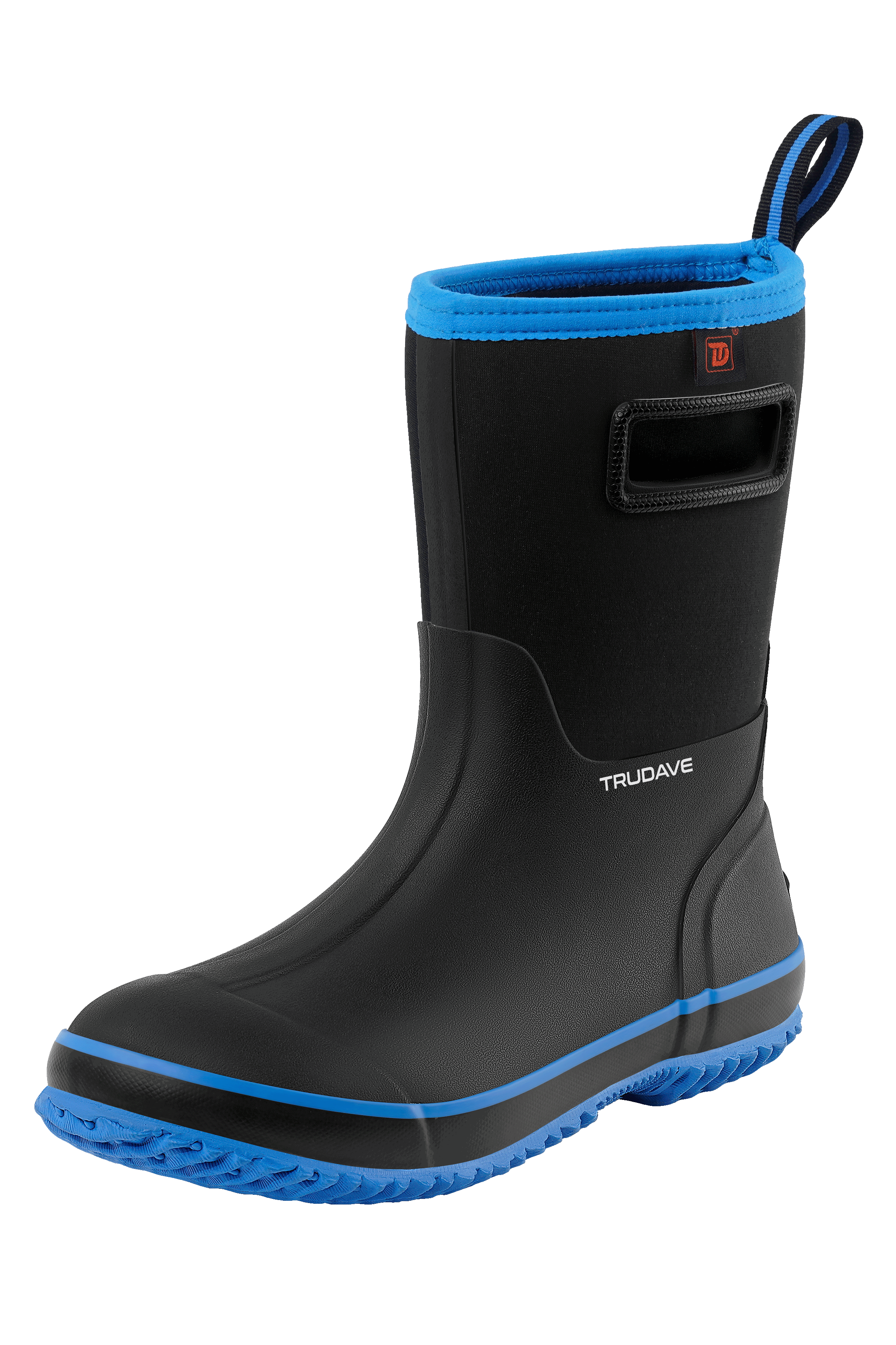 alt="Side view of Trudave MudFlex Series men’s waterproof rain, garden and farm boots in black color with blue trim, featuring durable rubber construction, mid-calf height, and slip-resistant sole ideal for outdoor work, farming, and wet weather conditions"